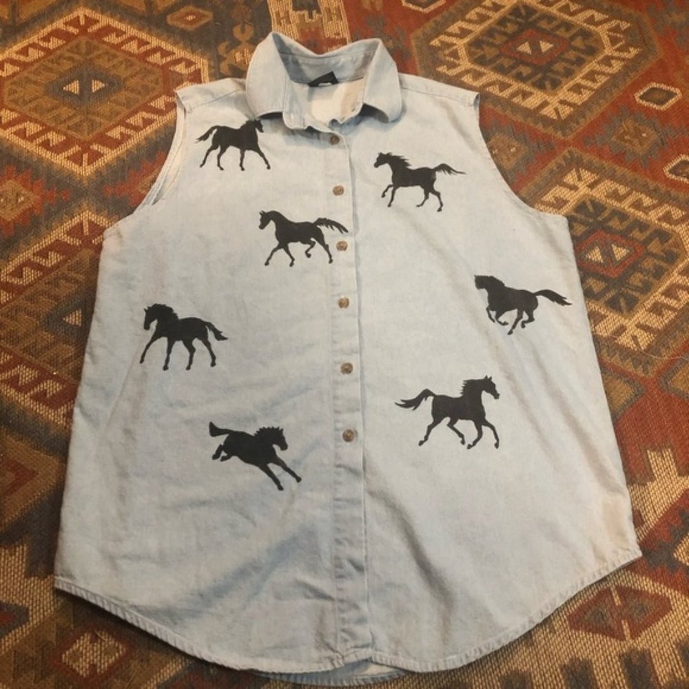 🔴 Vintage Horse print denim sleeveless blouse xxl
